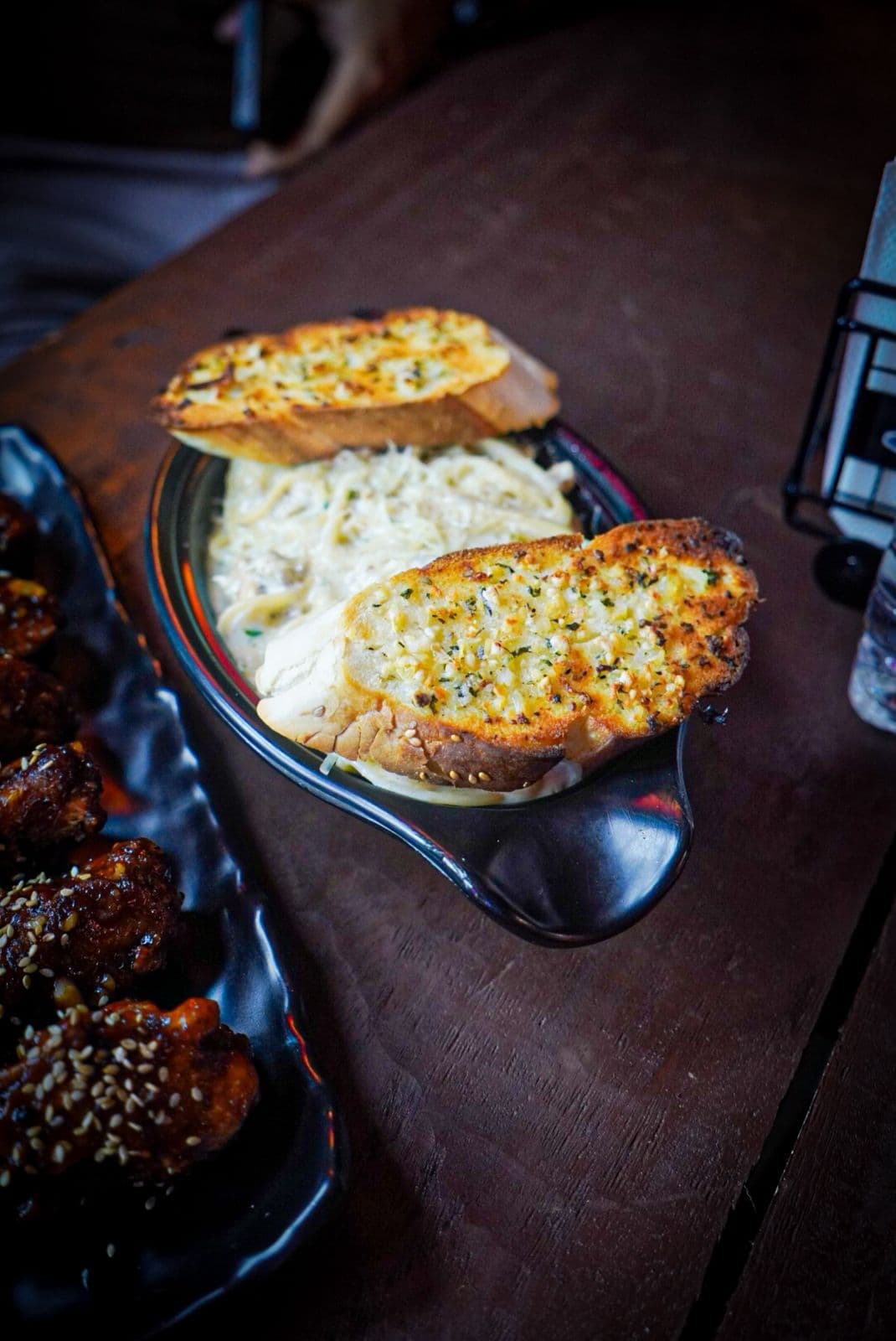 Creamy pasta and garlic bread